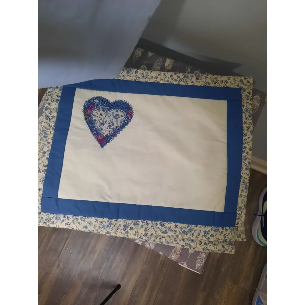 Handmade Quilted Placemats Set-4 Blue White Floral Heart Cottagecore Farmhouse